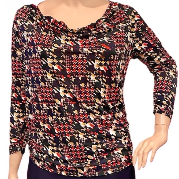 Igigi Draped Neck Ruched Top Plus Size 14/16 Red Black White Houndstooth Print - Picture 1 of 10